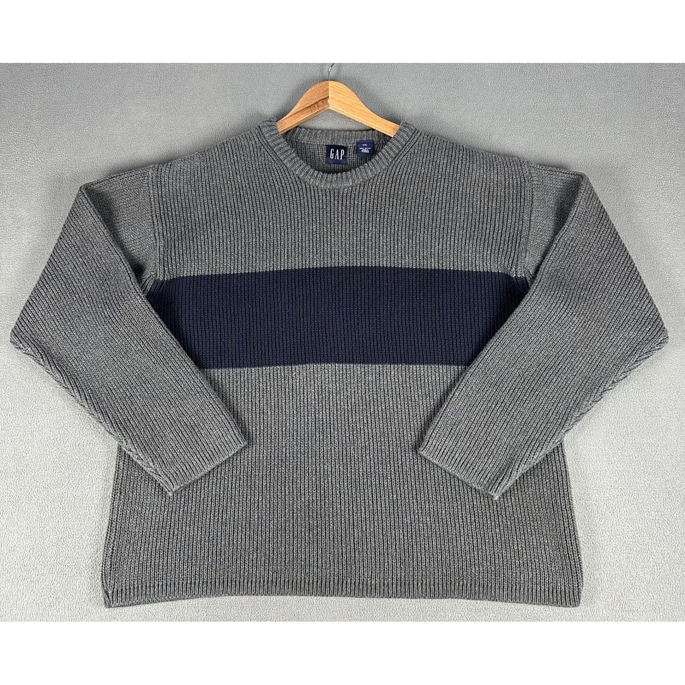 GAP Sweater Mens 2XL Grey Blue Stripe Heavyweight Ribbed Knit Vintage 90s Prep
